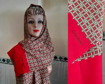 Beautiful Yves Saint Laurent Oversized 1970's Scarf, Shawl, Red with Signature, Geometrical Pattern and Fringe