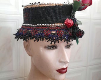 Vintage 50's 60's Straw Hat,  decorated with Beads, Flowers  and Fruits, Pillbox Hat