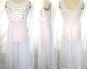 Vintage 70's White Nylon and Lace Long Nightgown with Satin Trim, Bridal Nightgown, Vintage Lingerie