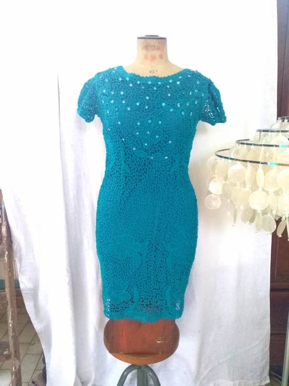 Vintage 60's Turquoise Irish Lace Crochet Dress, … - image 7