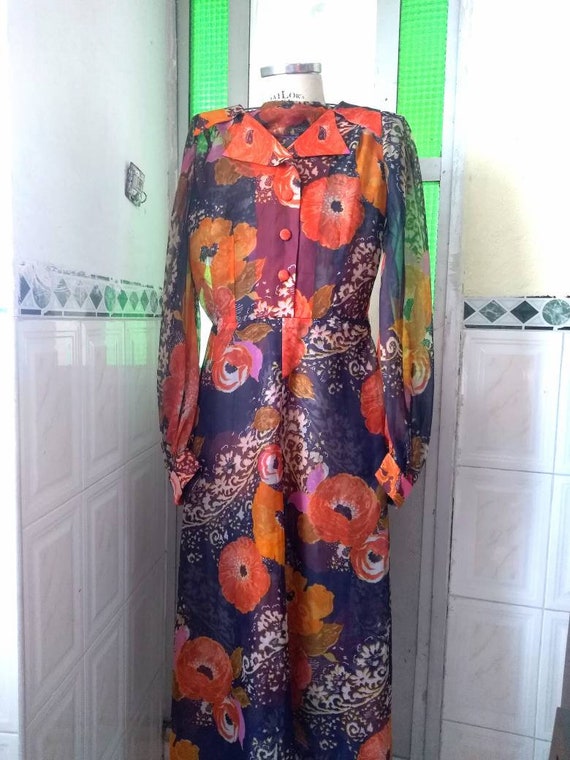 Two in One, 70's Sheer Floral Maxi Dress and Vibr… - image 9