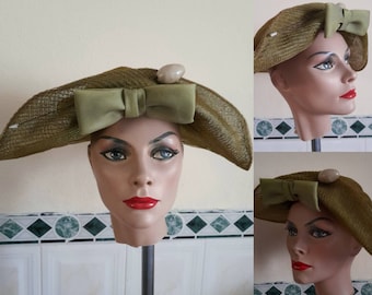 Vintage Olive Green Net Hat with Round Band, Front Bow and Hairpin