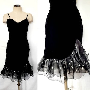 Vintage 90&#39;s Black Velvet Cocktail Dress with Organza Polkadot Ruffle