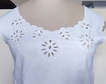 Vintage White Cotton Crop Top with Handmade Eyelet Embroidery