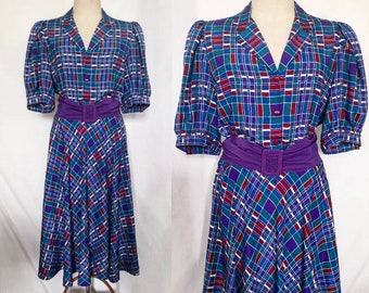 Vintage Liz Claiborne 70's does 40's Shirt Dress with Geometric Print, Puff Sleeves