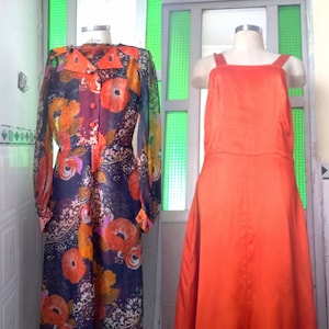 Two in One, 70&#39;s Sheer Floral Maxi Dress and Vibrant Orange Satin Slip Underskirt Bohochic