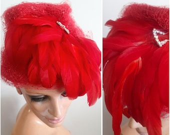 Vintage Red Feather Hat: 1950s-60s Party Headwear