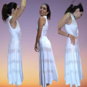 1970&#39;s Fabulous Costume Made White Linen and Lace Maxi Dress, Boho Chic, Bridal