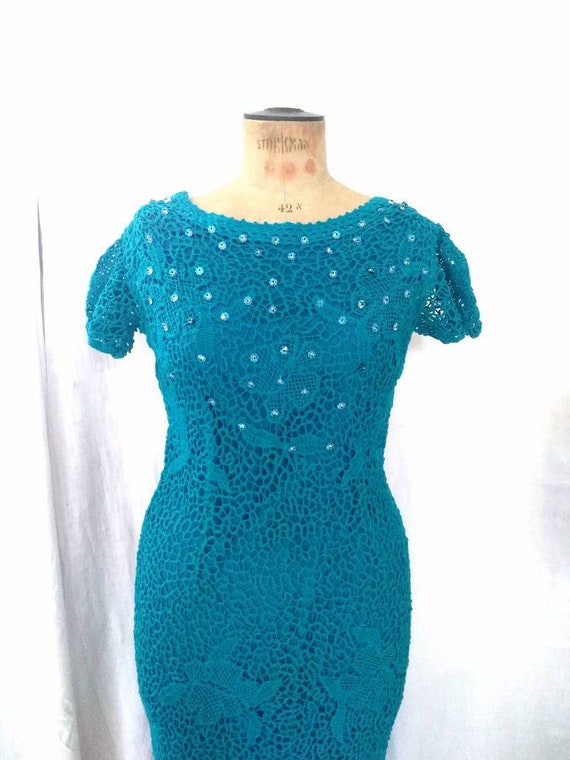 Vintage 60's Turquoise Irish Lace Crochet Dress, … - image 6