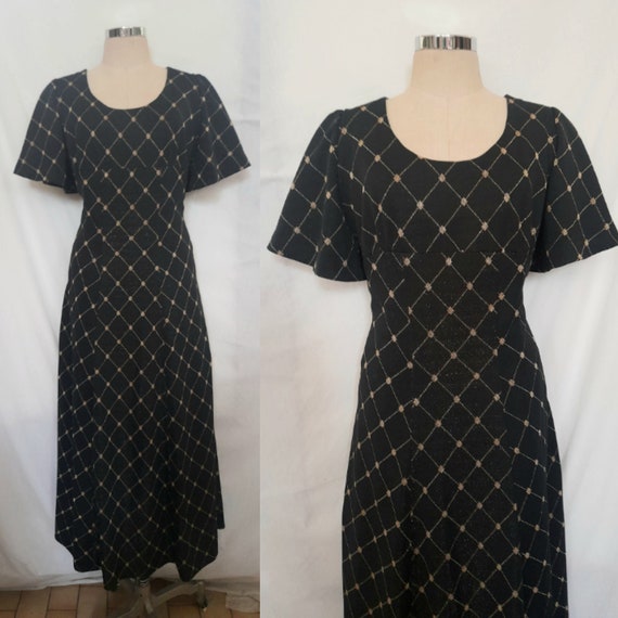 Vintage 70's Boho Black and Gold Lurex Maxi Dress… - image 2