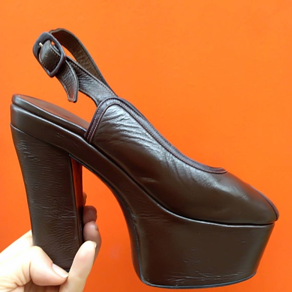 Vintage 70's Brown Leather Platform Shoes, PeepToe