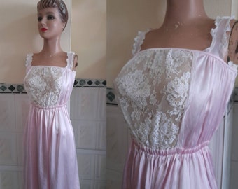 Vintage 50&#39;s  Satin Pink Nightgown, Slip Dress with Front Lace Bodice