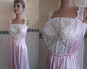 Vintage 50's  Satin Pink Nightgown, Slip Dress with Front Lace Bodice