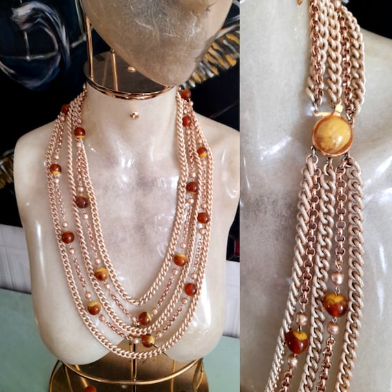 Collier Vintage Multi-Rangs Années 70 - Perles & Fonte De Verre - Alliage - Occasion