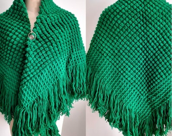 Vintage Emerald Knitted Green Granny Shawl Wrap, Double Shawl with Fringe