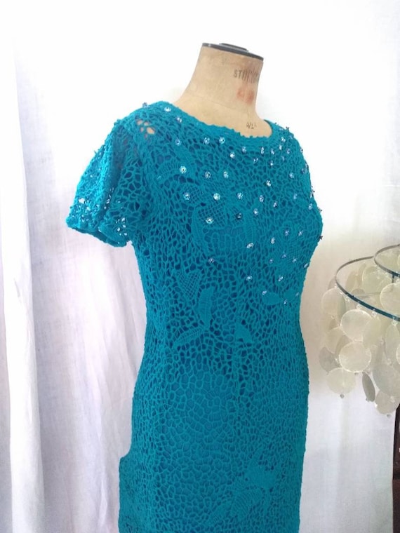 Vintage 60's Turquoise Irish Lace Crochet Dress, … - image 5