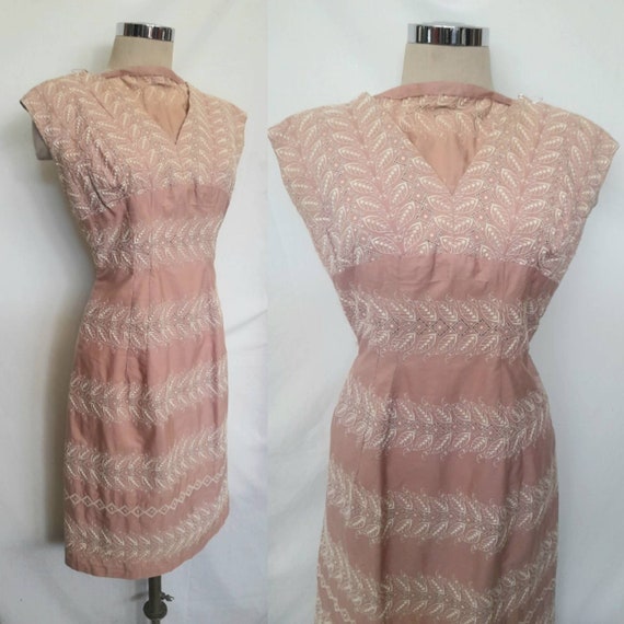 Vintage 60's Powder Pink Embroidered Cotton Dress… - image 1