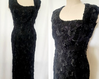 Vintage 50's Black Beaded Dress, Hourglass  Wiggle Dress, Mermaid Dress, Handmade, Sold as Is