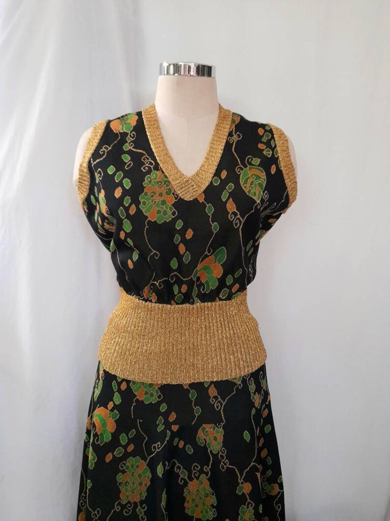 Boho Chic Vintage 70/'s Disco Fashion Maxi Skirt and Top with knitted Lurex Waist band and Trim