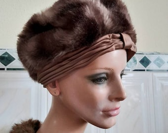 Vintage 60's Faux fur and Satin Hat, Beret, Turban