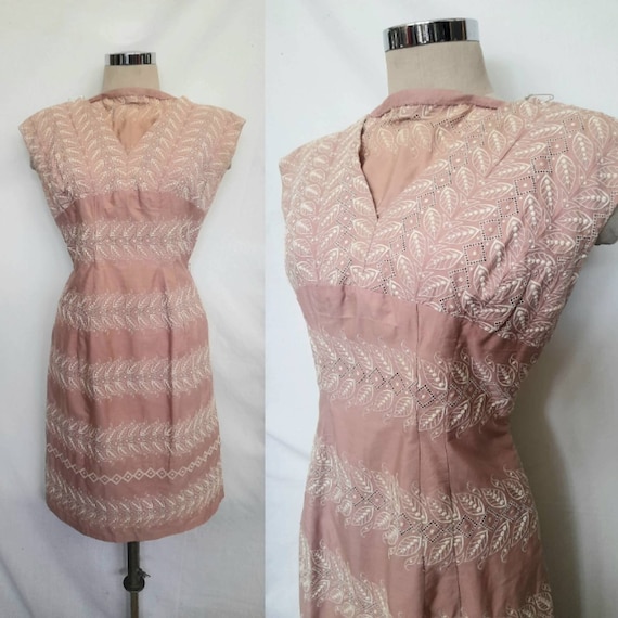 Vintage 60's Powder Pink Embroidered Cotton Dress… - image 4