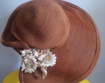 Vintage 40's Wide Brim Straw Hat, Pancake Tilt Hat with  Decorative Flowers