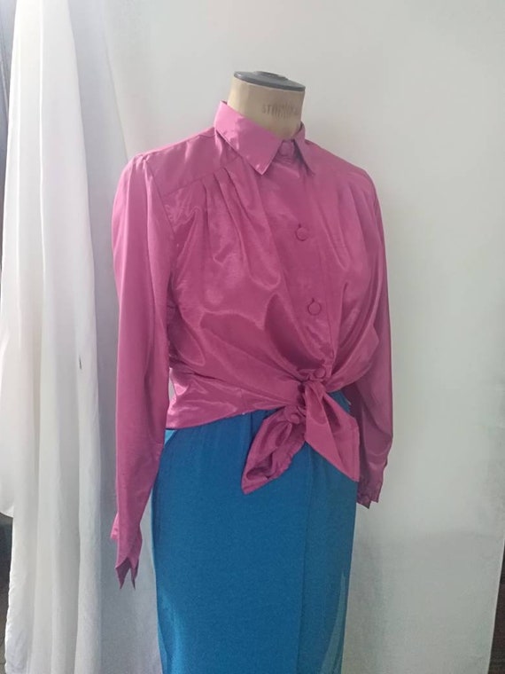 Vintage Vibrant Hot Pink Thai Silk Shirt Blouse - image 4