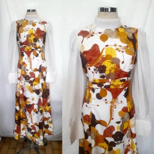 Vintage Striking 70&#39;s Highneck Maxi Dress, with Floral Print and Puff Sleeves, Boho Chic
