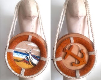 Vintage 60's Handcrafted Corked Bag with Rope Straps, Nautical Bag, One of a Kind