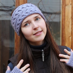 Hand knitted fingerless gloves and headband Wool acrylic warm set of two Boho wide headband Knit lavender ski gloves Purple lacy mittens