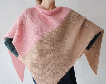 Hand knitted pink beige shawl Knitted shoulder mohair wrap Hand knit triangular mix yarn shawl Boho wedding handkerchief Wool winter scarf