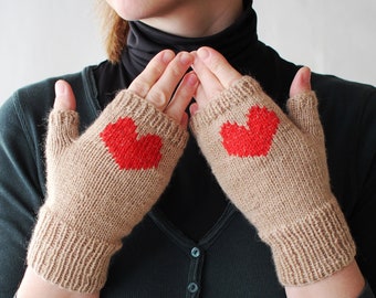 Beige wool mittens with heart Cold allergy fingerless gloves Small size hand knitted mittens Spring hand knit arm warmers Gift for teenager