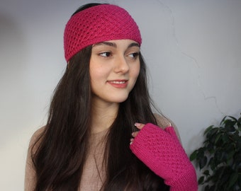 Hand knitted pink fingerless gloves and headband Pink Wool Acrylic warm set of two Wide cable headband Soft berry lacy mittens Hand Warmers