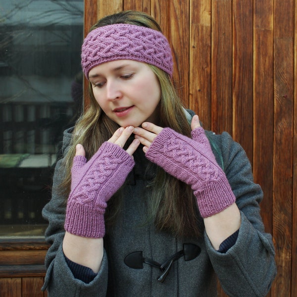 Hand knitted pink fingerless gloves and headband Wool acrylic warm set of two Wide cable headband Knit ski gloves Soft berry lacy mittens