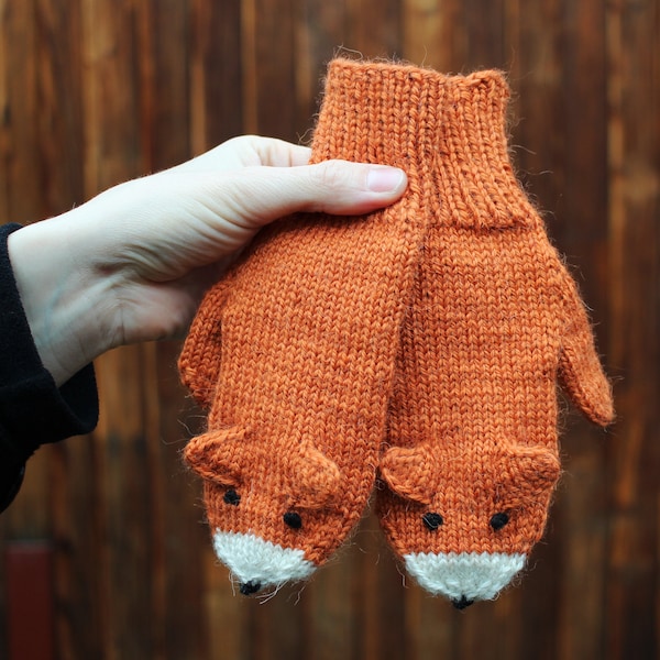 Hand knitted fox mittens Child size 2-3 4-5 7-9 years Winter warm knit gloves Funny fox arm warmers Mittens for kids Burnt orange gloves