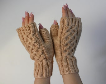 Wool cable mittens Beige Cold Allergy fingerless gloves Hand knitted mittens Hand knit arm warmers Womens Boho mittens Knitted gift for her