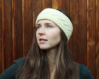 Hand Knitted Ivory Cable Headband, Wool Blend Ear Warmer