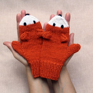 Fox mittens Child size 3-4 7-8 10-12 years Hand knitted Warm knit gloves Funny Orange fox arm warmers Mittens for kids Teenagers Winter gift image 1