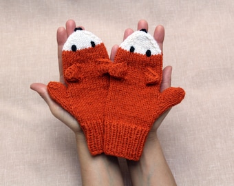 Fox mittens Child size 3-4 7-8 10-12 years Hand knitted Warm knit gloves Funny Orange fox arm warmers Mittens for kids Teenagers Winter gift