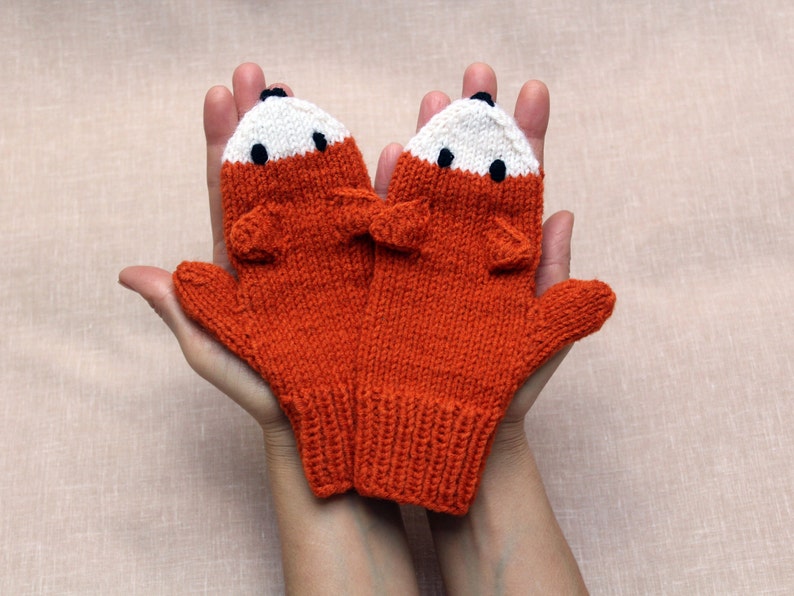 Fox mittens Child size 3-4 7-8 10-12 years Hand knitted Warm knit gloves Funny Orange fox arm warmers Mittens for kids Teenagers Winter gift image 1