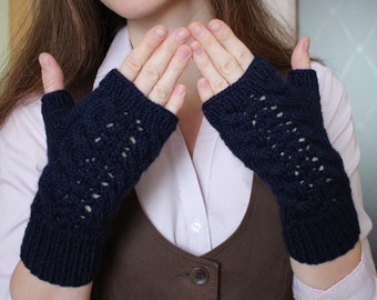 Wool navy blue cable mittens Cold allergy fingerless gloves Hand knitted mittens Hand knit arm warmers Boho mittens Knitted gift for her