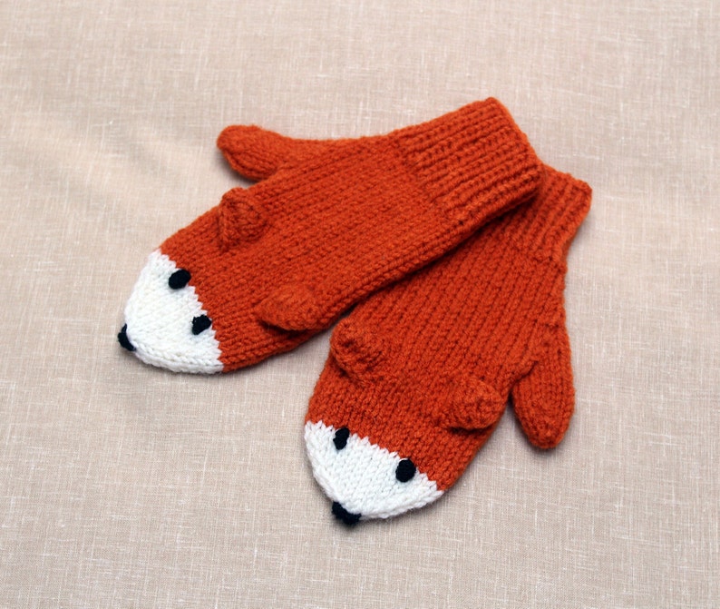 Fox mittens Child size 3-4 7-8 10-12 years Hand knitted Warm knit gloves Funny Orange fox arm warmers Mittens for kids Teenagers Winter gift image 2