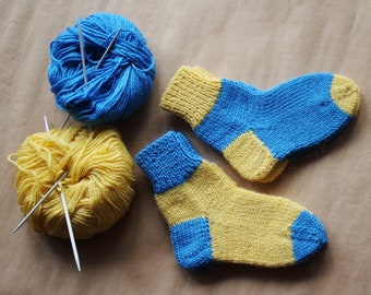 Hand knitted socks for kids Mix yarn socks 1-2, 3-4, 5-6 years old kids Blue yellow unisex socks Knit soft home socks Kids warm casual socks