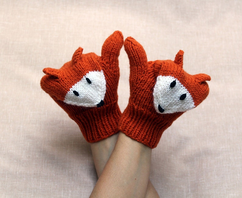 Fox mittens Child size 3-4 7-8 10-12 years Hand knitted Warm knit gloves Funny Orange fox arm warmers Mittens for kids Teenagers Winter gift image 8