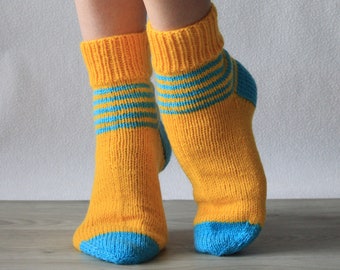 Hand knitted yellow blue socks Striped wool acrylic socks Winter warm socks Knit soft home socks Unisex casual socks Knitted socks for woman