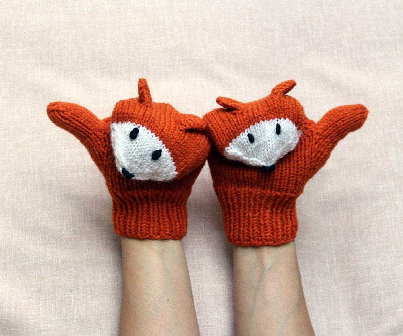 Fox mittens Child size 3-4 7-8 10-12 years Hand knitted Warm knit gloves Funny Orange fox arm warmers Mittens for kids Teenagers Winter gift image 7