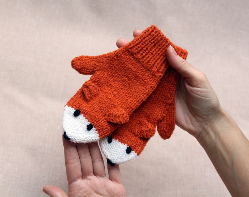 Fox mittens Child size 3-4 7-8 10-12 years Hand knitted Warm knit gloves Funny Orange fox arm warmers Mittens for kids Teenagers Winter gift image 3