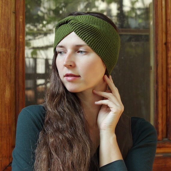Hand Knitted Twisted Headband, Chive Green Cotton Blend Boho  display picture 2