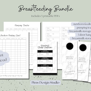 May include: A printable breastfeeding bundle includes a newborn feeding chart, pumping tracker, breastmilk storage guidelines, three door hangers, and breastmilk storage labels. The printable PDFs are in black and white with a floral design.