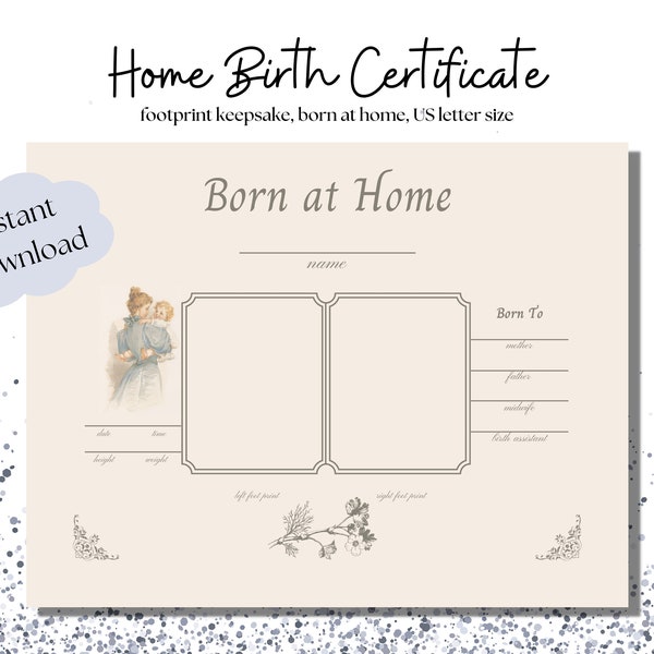 Vintage certificate for home birth, born at home commemorative keepsake with footprints, instant download PDF